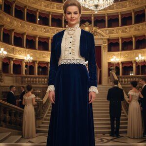 🕯️ Vtg 60s Blue Velvet Lace 2pc Gown & Jacket Set 10 🕯️